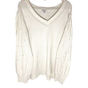 Crown & Ivy v neck  faux pearl embellished bishop cable knit sleeve sweater